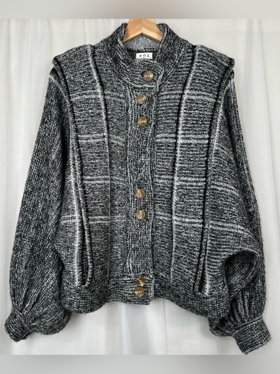 POL Sweaters - POL Clothing Chunky Knit Windowpane Cardigan Puff Sleeve Sweater Wool‎ Blend S